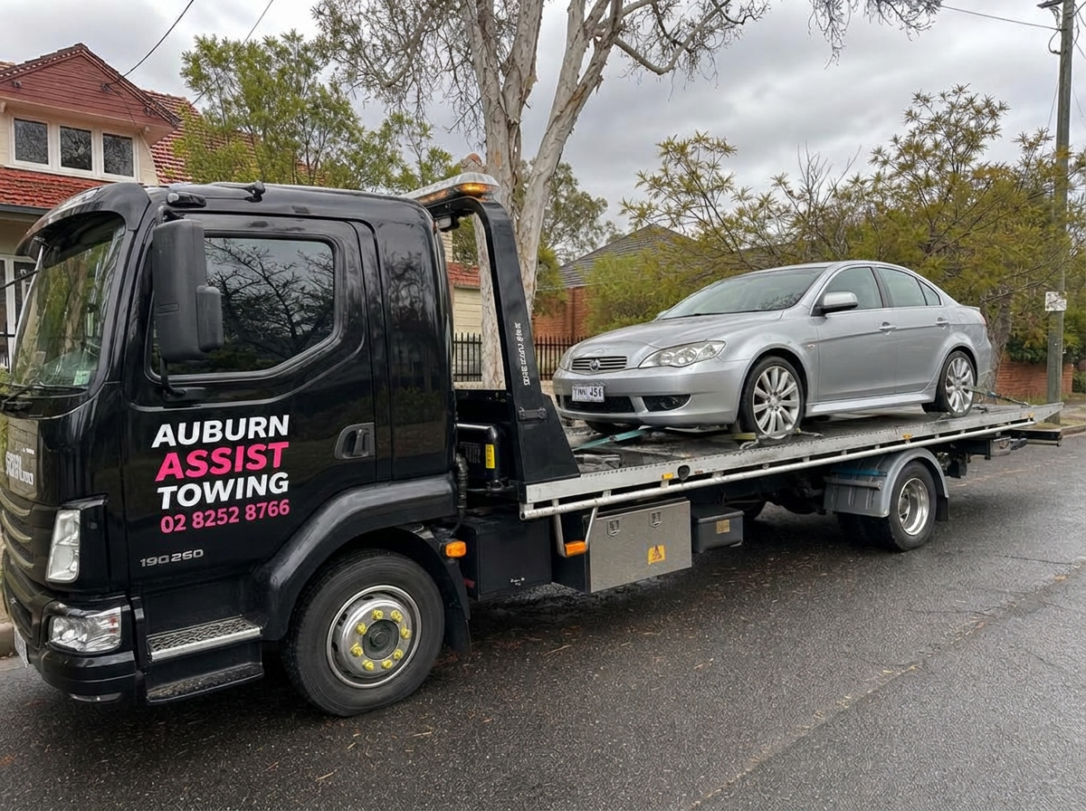 Auburn Assist Towing tow truck loading a silver car