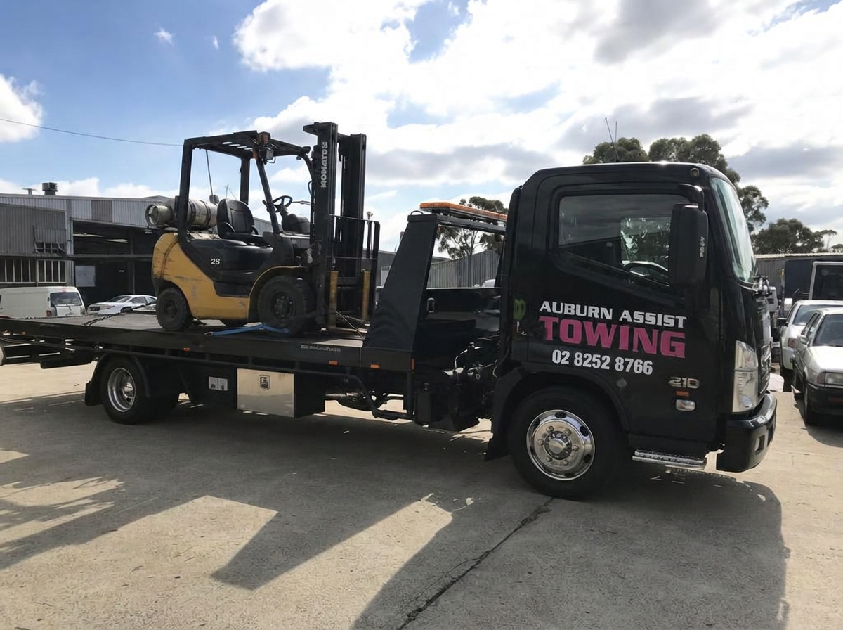 Forklift loaded on Auburn Assist Towing tilt tray truck